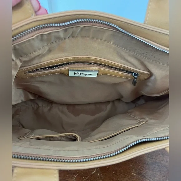 Miztique Tan Natural Faux Leather Canvas Stripe Tote Handbag Purse no long strap - Picture 5 of 8